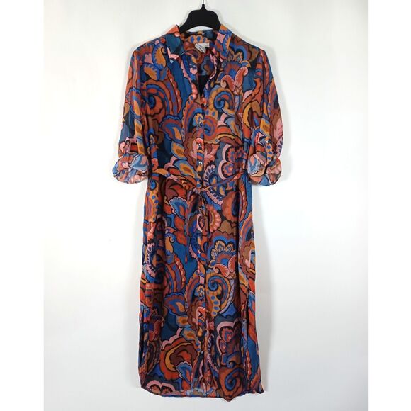 Finley Maxi Shirt Dress Large Belted Roll Tab Sleeve Classic Feminine Tailored - Picture 1 of 10